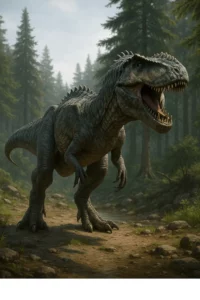 Giganotossauro realista em floresta pré-histórica com boca aberta e dentes expostos