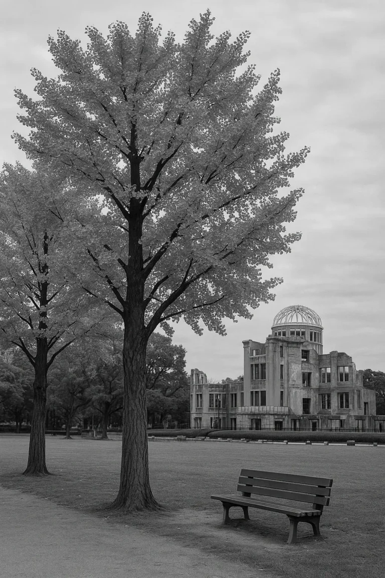 Fotografia a preto e branco mostrando árvores de Ginkgo Biloba sobreviventes em Hiroshima, junto ao Memorial da Paz, símbolo de resistência, renascimento e esperança.