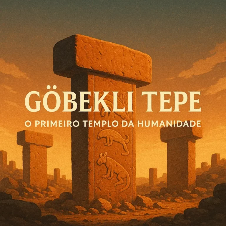 Ilustração digital de Göbekli Tepe com o título ao centro, mostrando pilares esculpidos sob um céu dourado, representando o primeiro templo da humanidade.