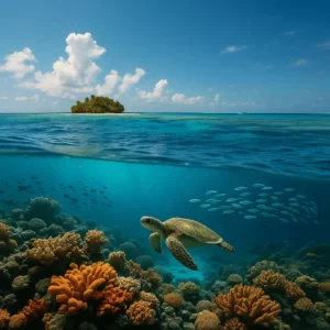 Fotografia 1:1 “over-under” da Grande Barreira de Coral com tartaruga-verde, cardumes e recife colorido sob raios de sol; ao fundo, ilhota tropical.