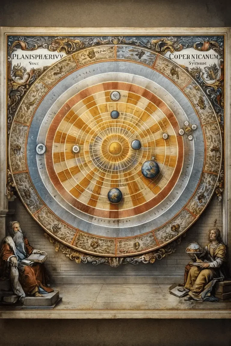 Ilustração detalhada do sistema heliocêntrico de Copérnico, com o Sol ao centro e as órbitas planetárias representadas em círculos concêntricos, acompanhada por figuras renascentistas e elementos decorativos.