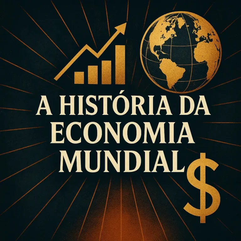 Capa quadrada com fundo escuro e textura de papel antigo, mostrando o título “A História da Economia Mundial” em letras serifadas douradas, centrado entre símbolos de moedas, comércio e fábricas.