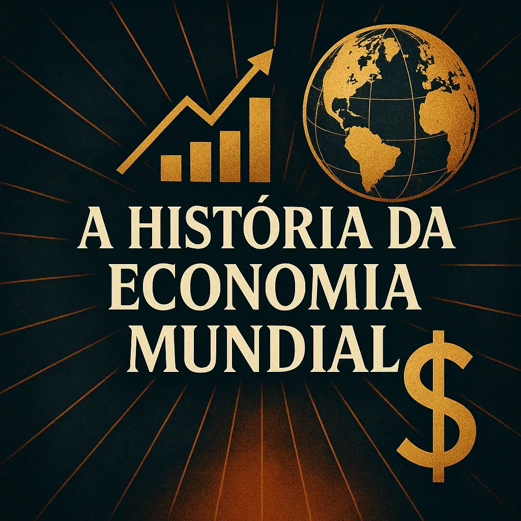 Capa quadrada com fundo escuro e textura de papel antigo, mostrando o título “A História da Economia Mundial” em letras serifadas douradas, centrado entre símbolos de moedas, comércio e fábricas.