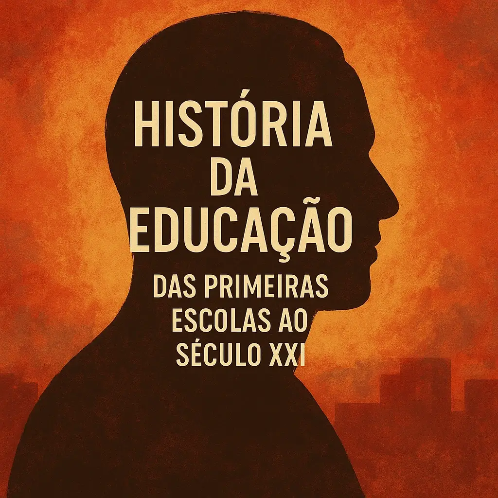 Imagem de capa quadrada com fundo escuro e silhueta de uma figura humana iluminada por ícones de livros e símbolos de aprendizagem, com o título “História da Educação” centrado em branco.