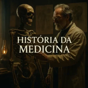 Imagem cinematográfica e realista de um médico idoso observando atentamente um esqueleto humano num gabinete antigo, com a frase “História da Medicina” ao centro.