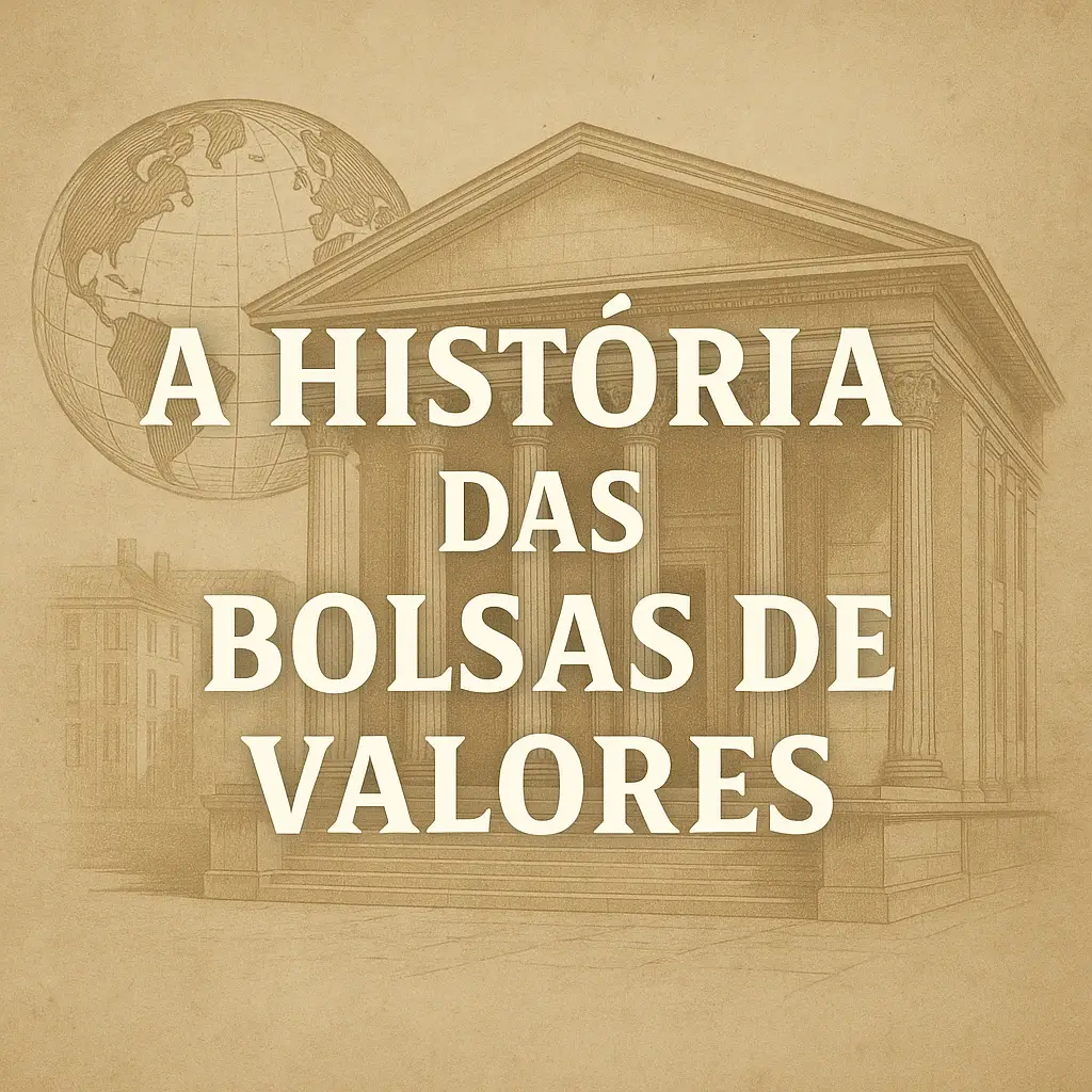 Imagem de capa com o título “A História das Bolsas de Valores” em destaque sobre fundo bege com ilustração clássica de um edifício financeiro e um globo.