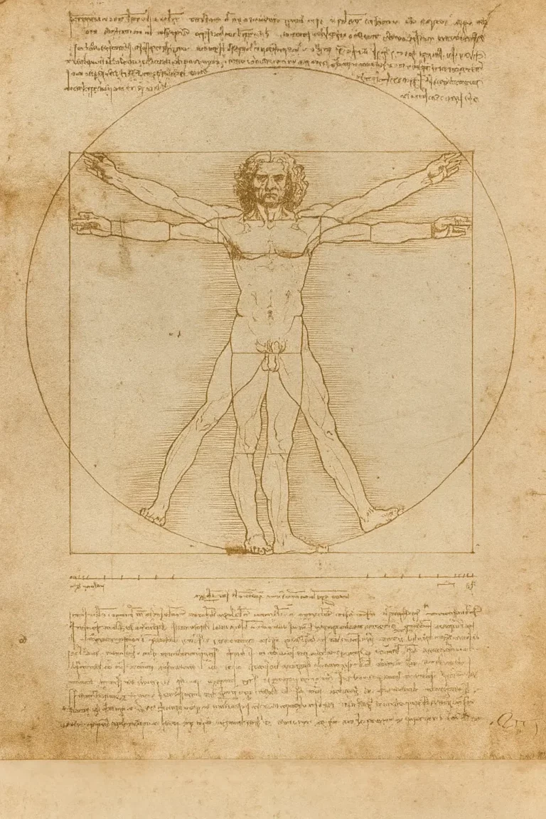 Recriação ultra-realista do desenho “Homem Vitruviano” de Leonardo da Vinci, mostrando um estudo anatómico masculino em posições sobrepostas dentro de um círculo e quadrado, ícone do Renascimento.
