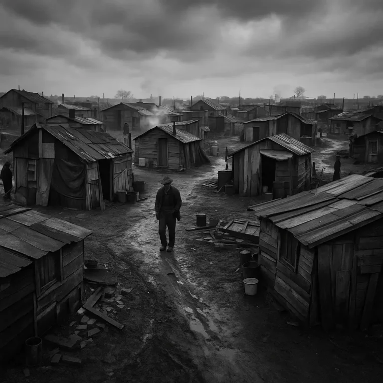 Fotografia em preto e branco de uma Hooverville durante a Crise de 1929, com barracas improvisadas e um homem a caminhar por ruas lamacentas sob um céu nublado.