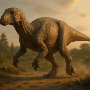 Iguanodon fotorrealista de corpo inteiro, ornitópode herbívoro com espigão no polegar, a avançar entre fetos sob luz dourada, levantando poeira