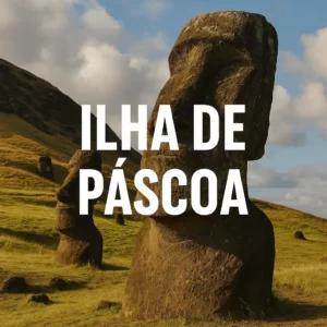 Moais da Ilha de Páscoa ao pôr do sol, com texto “Ilha de Páscoa” ao centro.