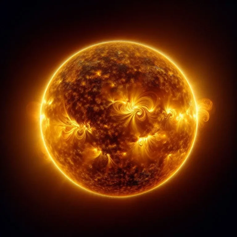 Imagem científica e realista do Sol, mostrando sua superfície turbulenta e brilhante, com manchas solares e erupções solares visíveis. A imagem destaca a intensa atividade e o calor extremo do Sol