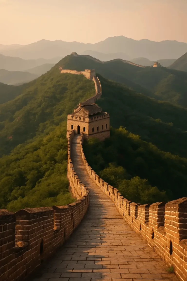 Vista realista da muralha da China serpenteando por colinas verdes sob a luz dourada do entardecer, com torre de vigia em destaque e montanhas ao fundo.