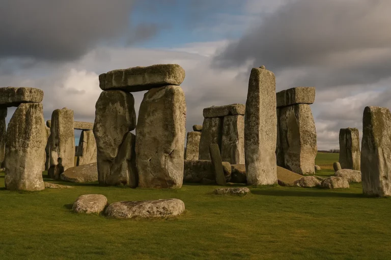 Fotografia realista de Stonehenge ao entardecer, com as pedras megalíticas iluminadas por luz dourada e céu parcialmente nublado ao fundo.