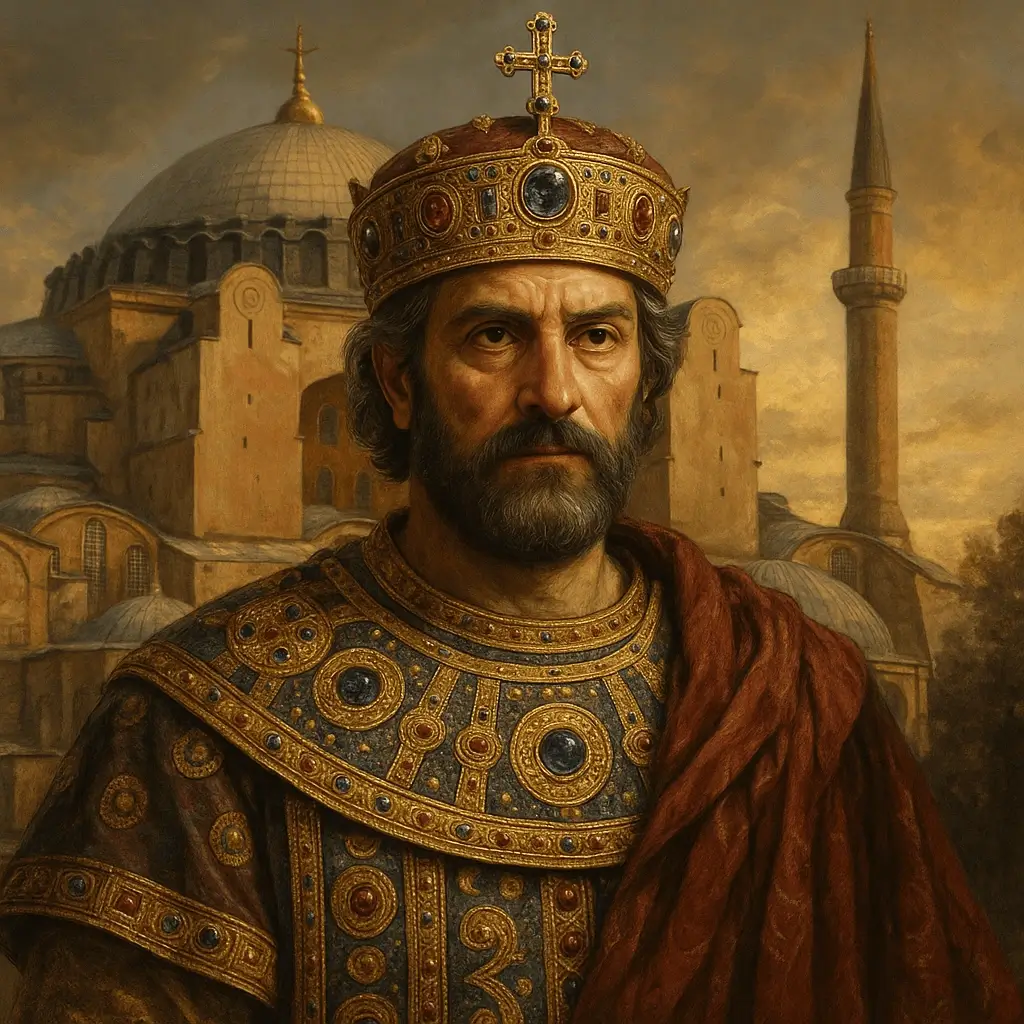 Retrato realista de um imperador bizantino com a Basílica de Santa Sofia ao fundo, sob luz dourada ao pôr do sol.