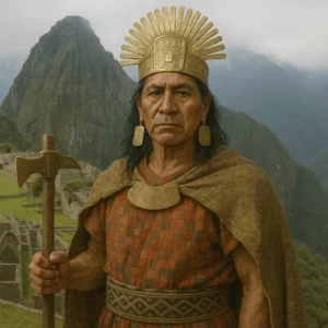 Retrato hiper-realista de um governante do Império Inca em Machu Picchu, com trajes tradicionais e coroa dourada, nas montanhas dos Andes.