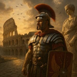 Legionário romano diante do Coliseu ao pôr do sol, com escudo vermelho e estátua clássica — imagem de capa 1:1 sobre o Império Romano.