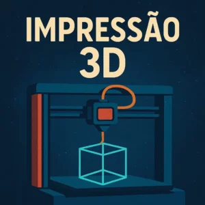 Ilustração de capa com uma impressora 3D a construir um cubo em fio azul, destacando o conceito de impressão 3D sob um fundo azul-escuro.