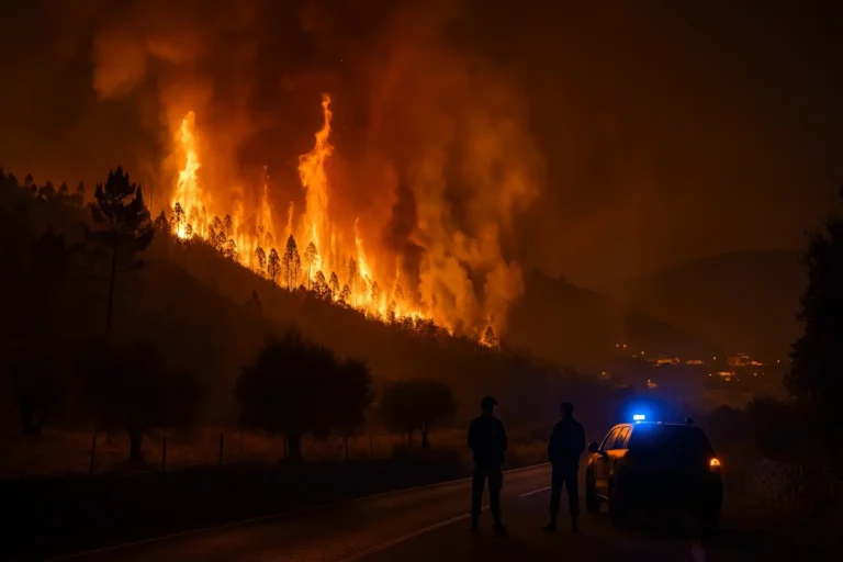Incêndio florestal de grandes dimensões em Pedrógão Grande, Portugal, em 2017, com chamas intensas a consumir a encosta durante a noite, símbolo do impacto das alterações climáticas.