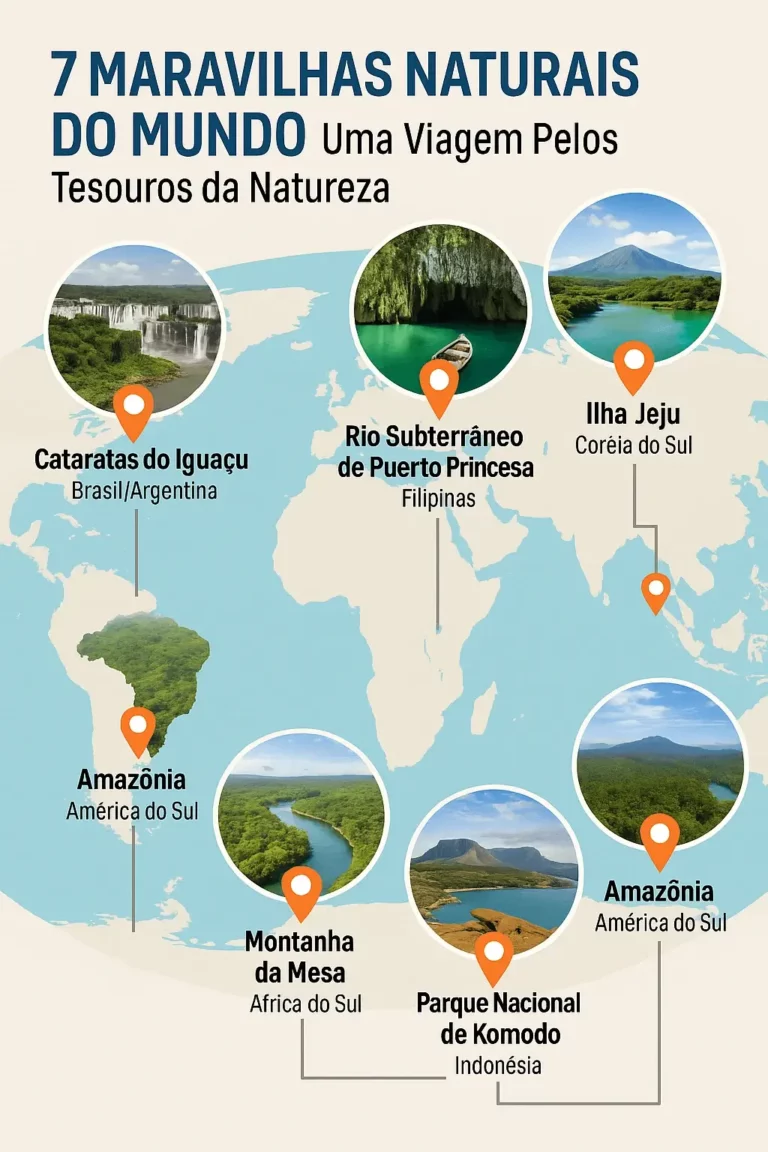 Mapa-mundo com localização e imagens das 7 Maravilhas Naturais do Mundo: Cataratas do Iguaçu, Baía de Ha Long, Ilha Jeju, Rio Subterrâneo de Puerto Princesa, Montanha da Mesa, Parque Nacional de Komodo e Amazónia.