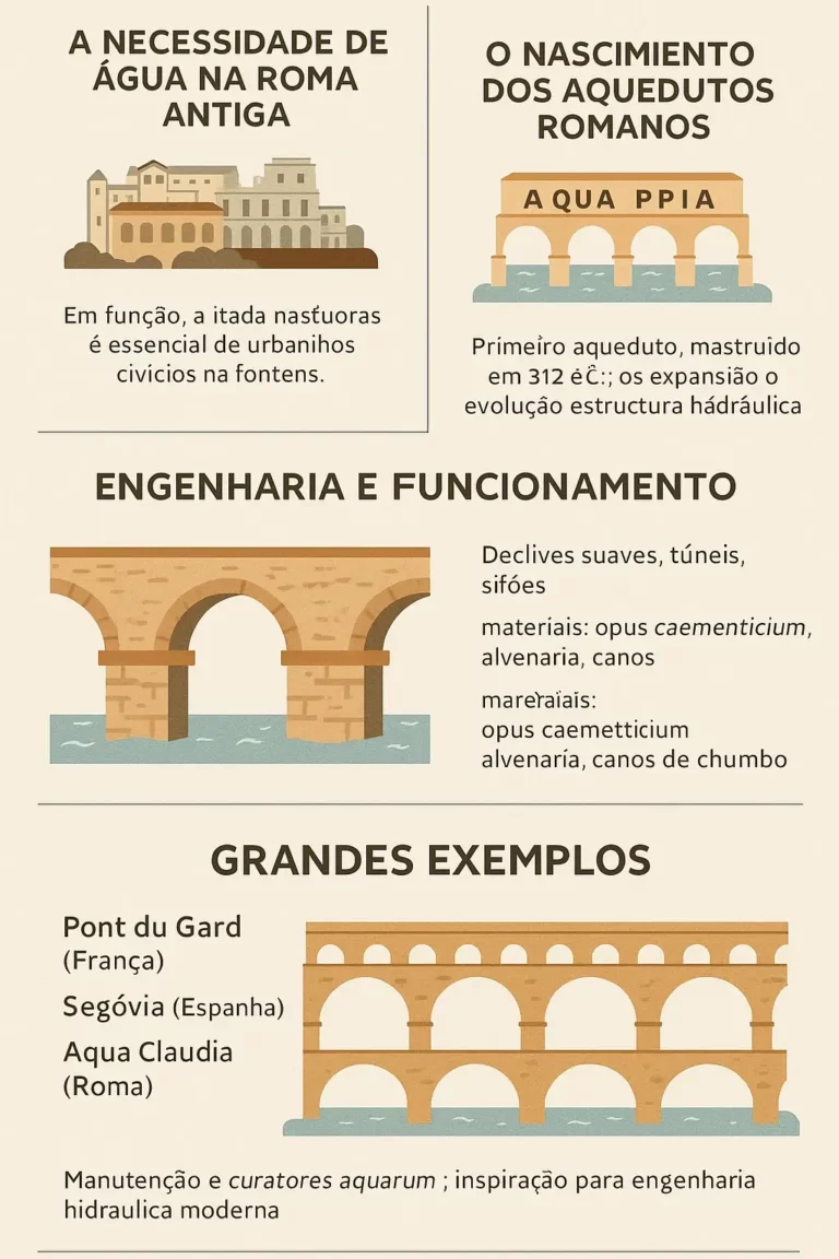 Infográfico vertical sobre os aquedutos romanos, com ilustrações e texto que explicam a importância da água em Roma Antiga, a origem dos aquedutos, técnicas de engenharia utilizadas, exemplos históricos como Pont du Gard e Aqua Claudia, e o seu legado na engenharia moderna.