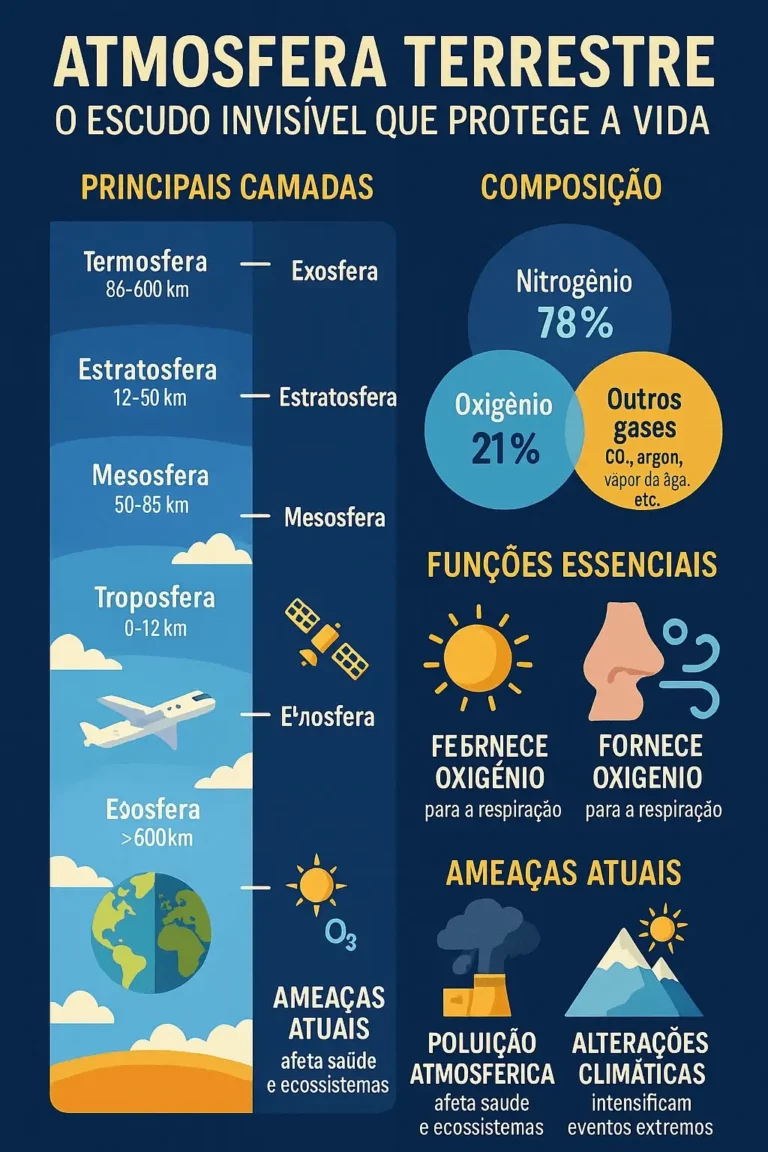Infográfico colorido com as camadas da atmosfera terrestre, composição dos gases, funções essenciais e ameaças atuais como poluição e alterações climáticas.