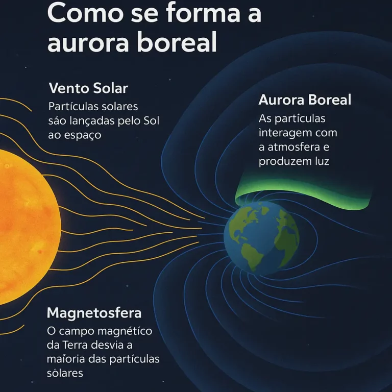 Infográfico em português explicando como se forma a aurora boreal, com Sol, magnetosfera e luzes polares.