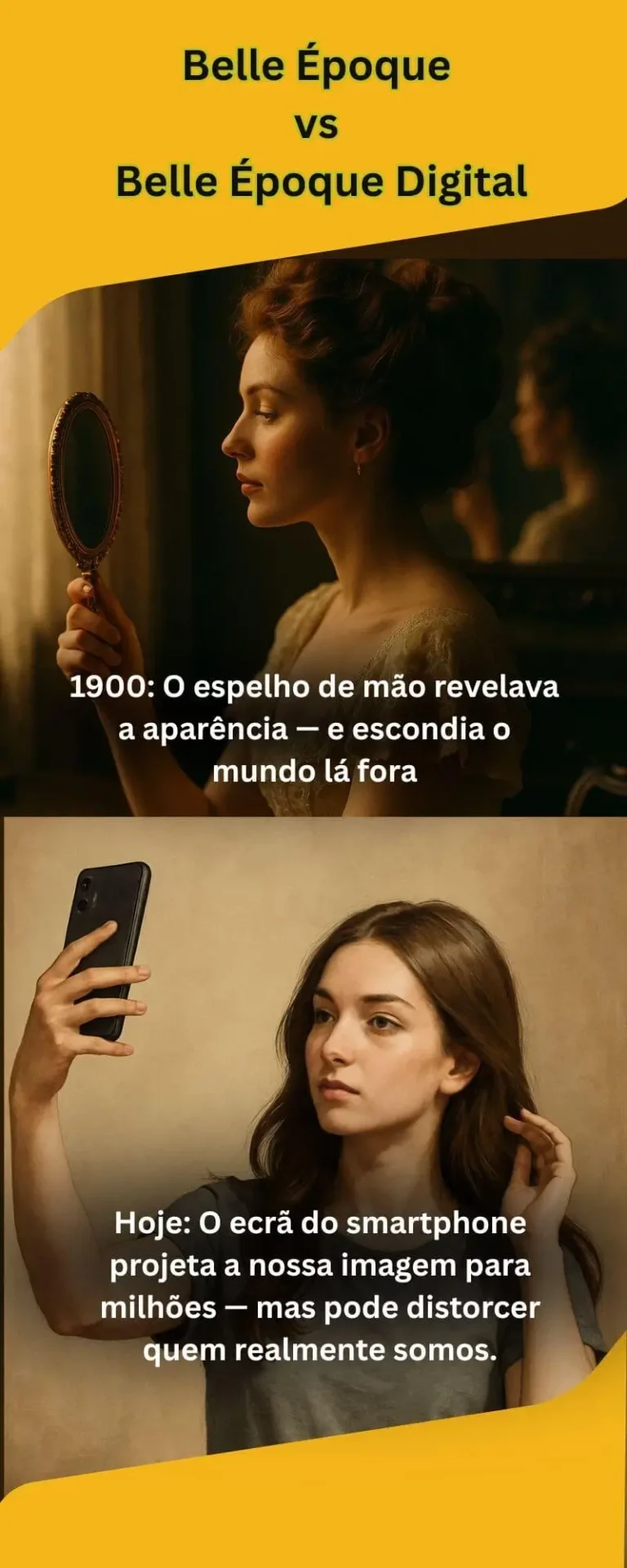 Infográfico comparativo entre a Belle Époque e a era digital. Na parte superior, mulher de 1900 segura um espelho de mão, representando a busca pela aparência no passado. Na parte inferior, mulher moderna tira uma selfie com o smartphone, simbolizando a exposição e distorção da imagem na atualidade.