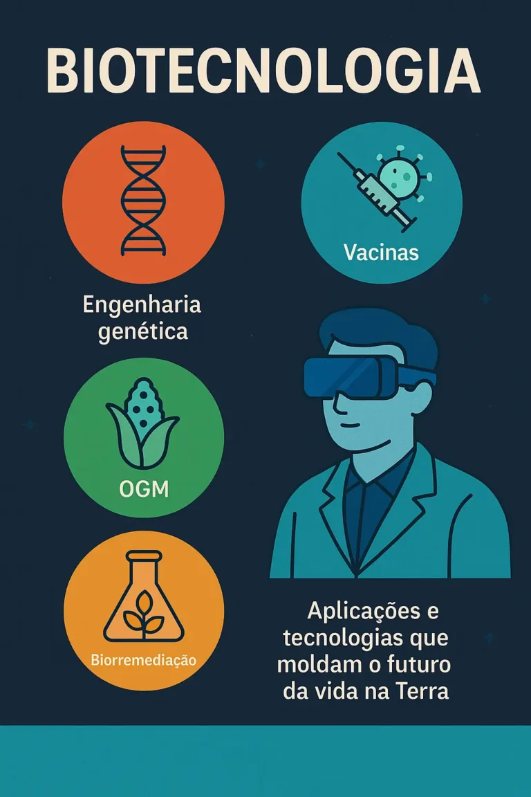 Infográfico com ícones de engenharia genética, vacinas, OGM e biorremediação, representando as principais tecnologias da biotecnologia atual.
