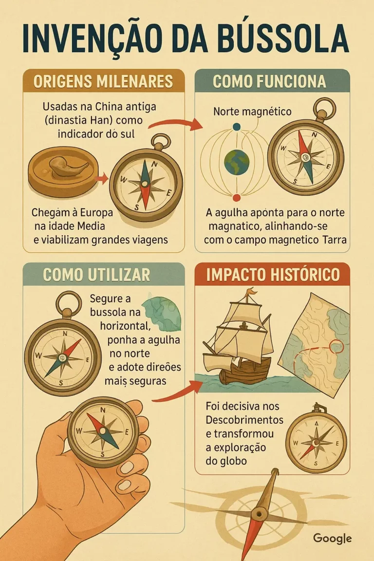 Infográfico educativo em português sobre a invenção da bússola, mostrando a sua origem na China, funcionamento magnético, modo de utilização e impacto histórico