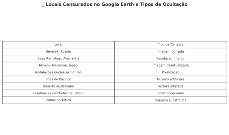 Tabela com oito locais censurados no Google Earth, incluindo Seversk (Rússia), base Ramstein (Alemanha) e Minami Torishima (Japão), com os respetivos tipos de ocultação como imagem borrada, pixelização e substituição digital.