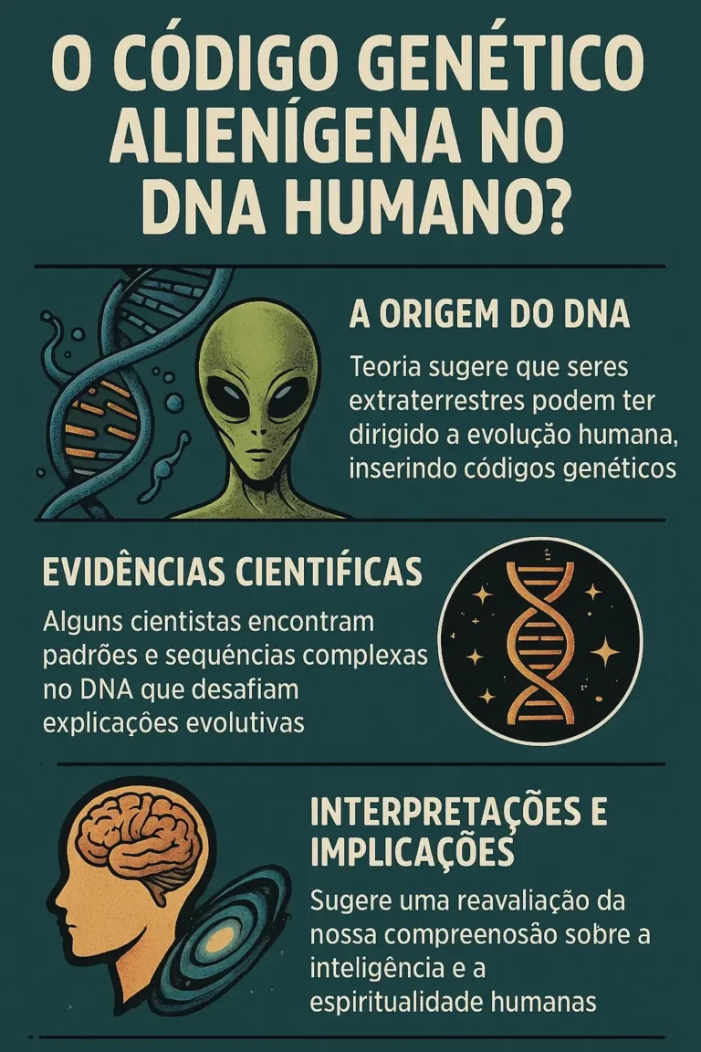 Infográfico em português com fundo azul escuro e ilustrações de ADN, extraterrestres e cérebro humano, explorando a teoria do código genético alienígena no DNA humano, dividido em três secções: origem do DNA, evidências científicas e implicações.