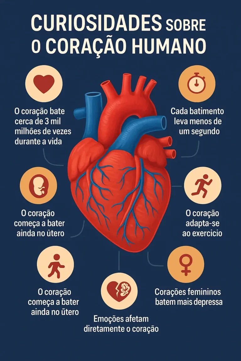 Infográfico ilustrado com um coração no centro e seis curiosidades sobre o coração humano, dispostas à volta em ícones com texto, sobre fundo azul-escuro.