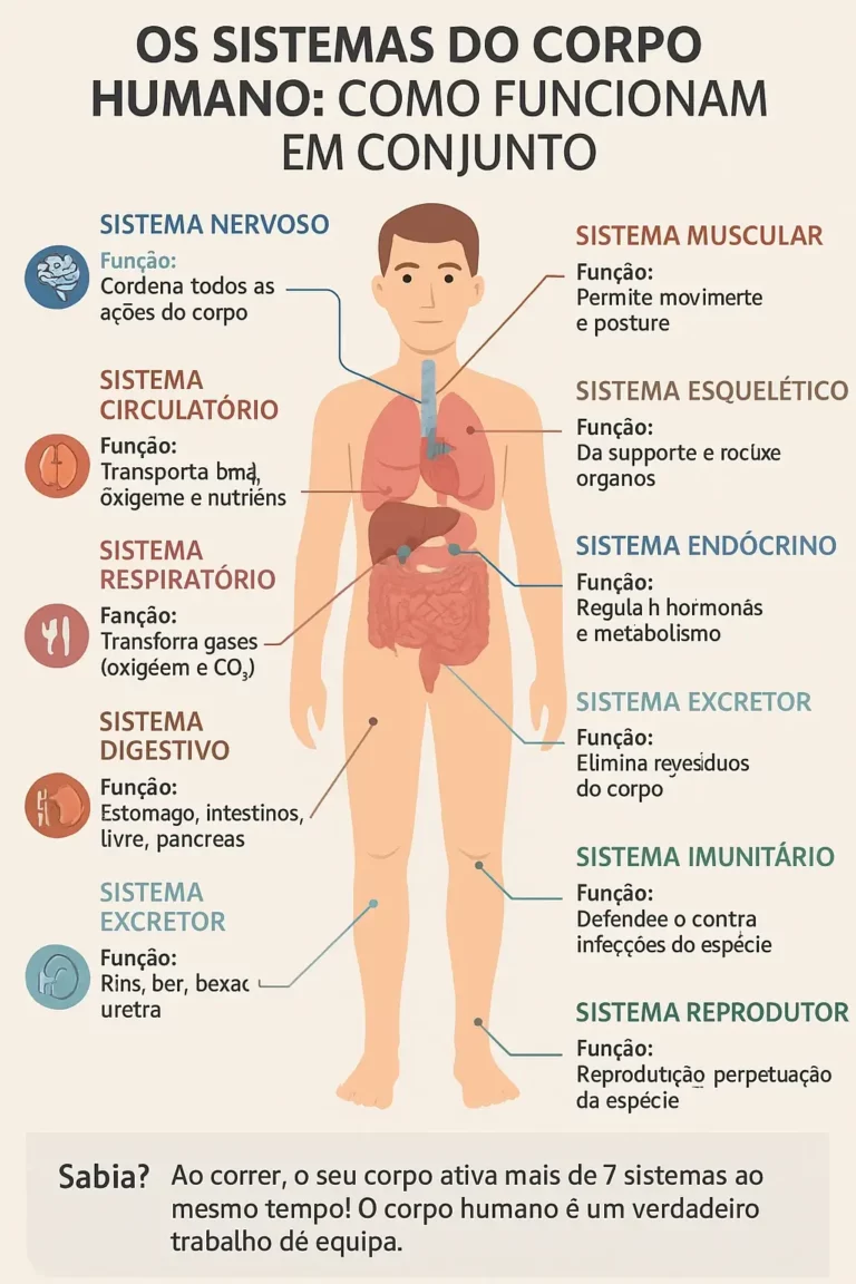 Infográfico ilustrado com os principais sistemas do corpo humano, mostrando sua localização no corpo e a função de cada um, como o sistema nervoso, circulatório, respiratório, digestivo, muscular, esquelético, endócrino, excretor, imunitário e reprodutor.