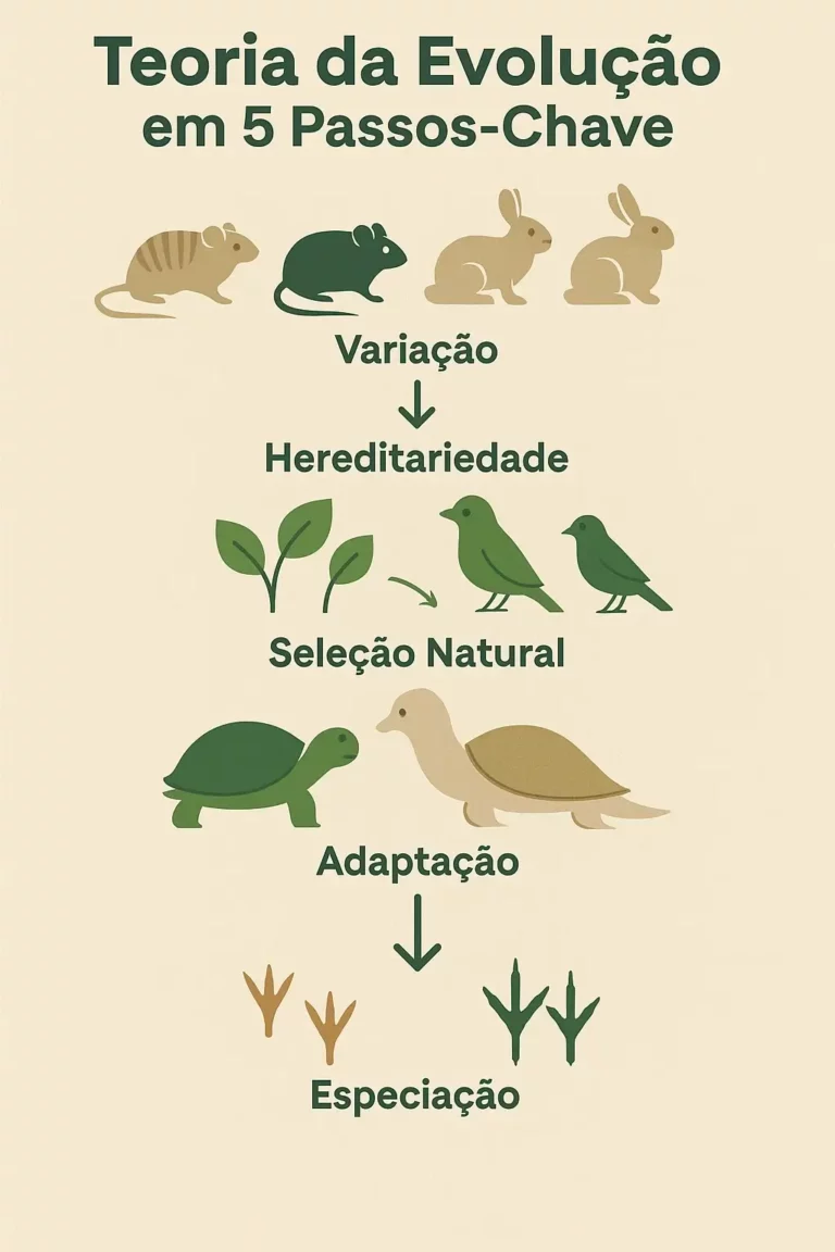 Infográfico educativo que ilustra os cinco passos do darwinismo: variação, hereditariedade, seleção natural, adaptação e especiação, com ícones de animais e setas em sequência.