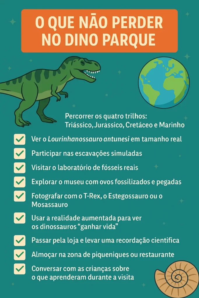 Infográfico colorido em português com o título "O que não perder no Dino Parque", apresentando uma checklist de 10 atividades essenciais para visitantes, ilustrado com um T-rex e um globo em fundo azul-esverdeado.