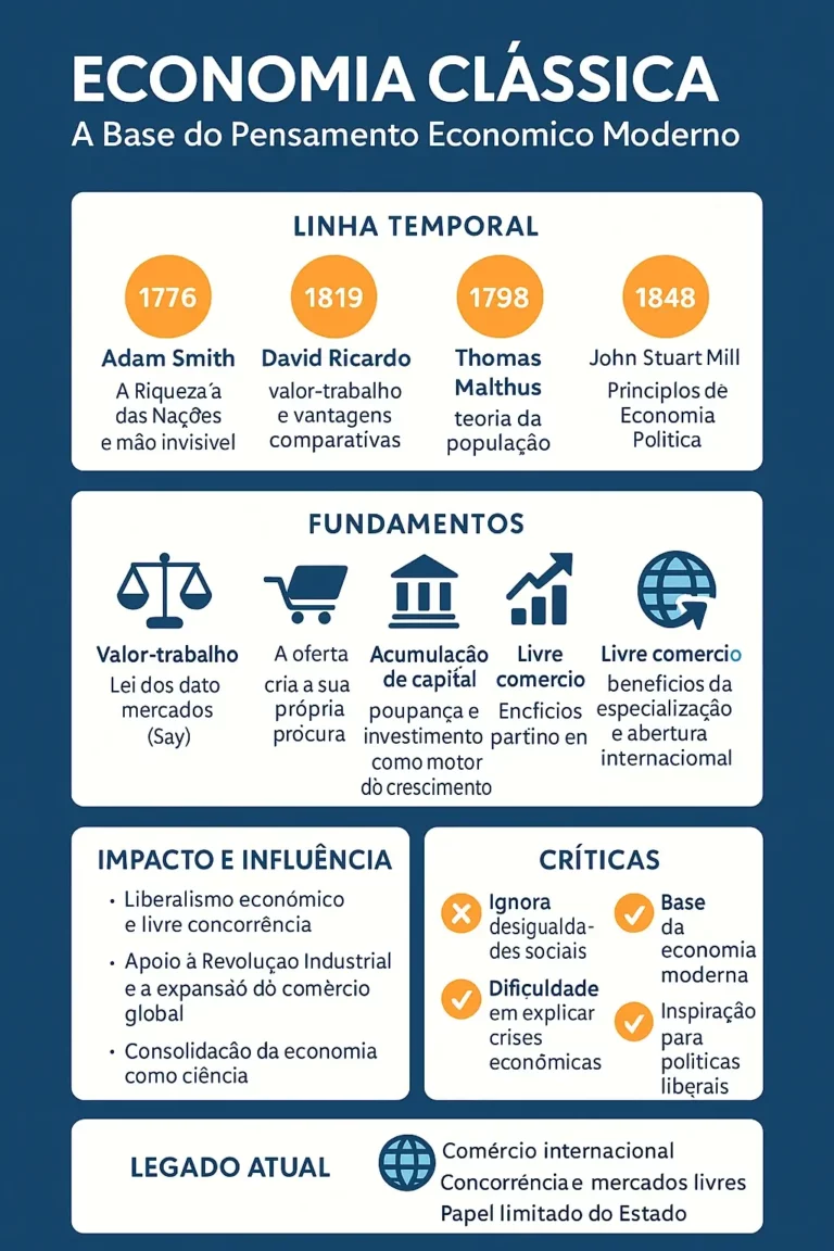 Infográfico ‘Economia Clássica’ com linha temporal (Smith, Ricardo, Malthus, Mill), fundamentos, impacto, críticas e legado atual.