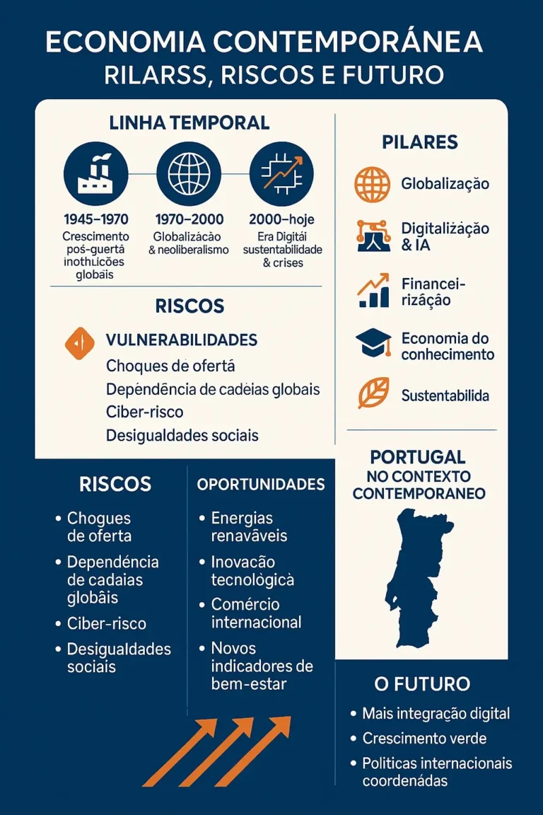 Infográfico ‘Economia Contemporânea: Pilares, Riscos e Futuro’ com linha temporal, pilares (globalização, digitalização, finanças, conhecimento, sustentabilidade) e blocos de riscos, oportunidades, Portugal e tendências futuras.