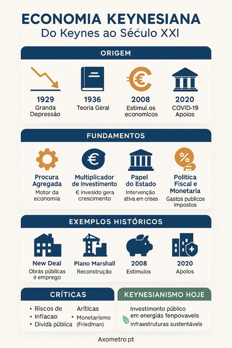 Infográfico Economia Keynesiana: origem histórica, fundamentos, exemplos práticos, críticas e relevância atual.”