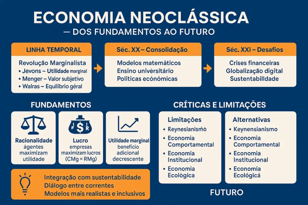 Infográfico ‘Economia Neoclássica — Dos Fundamentos ao Futuro’ com linha temporal, fundamentos, críticas/alternativas e bloco final sobre o futuro