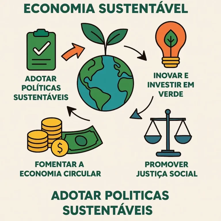 Infográfico com seis passos ilustrados sobre fundo verde, mostrando como adotar uma economia sustentável, com ícones representando energia limpa, consumo consciente, mobilidade sustentável, inovação, políticas públicas e cooperação global.