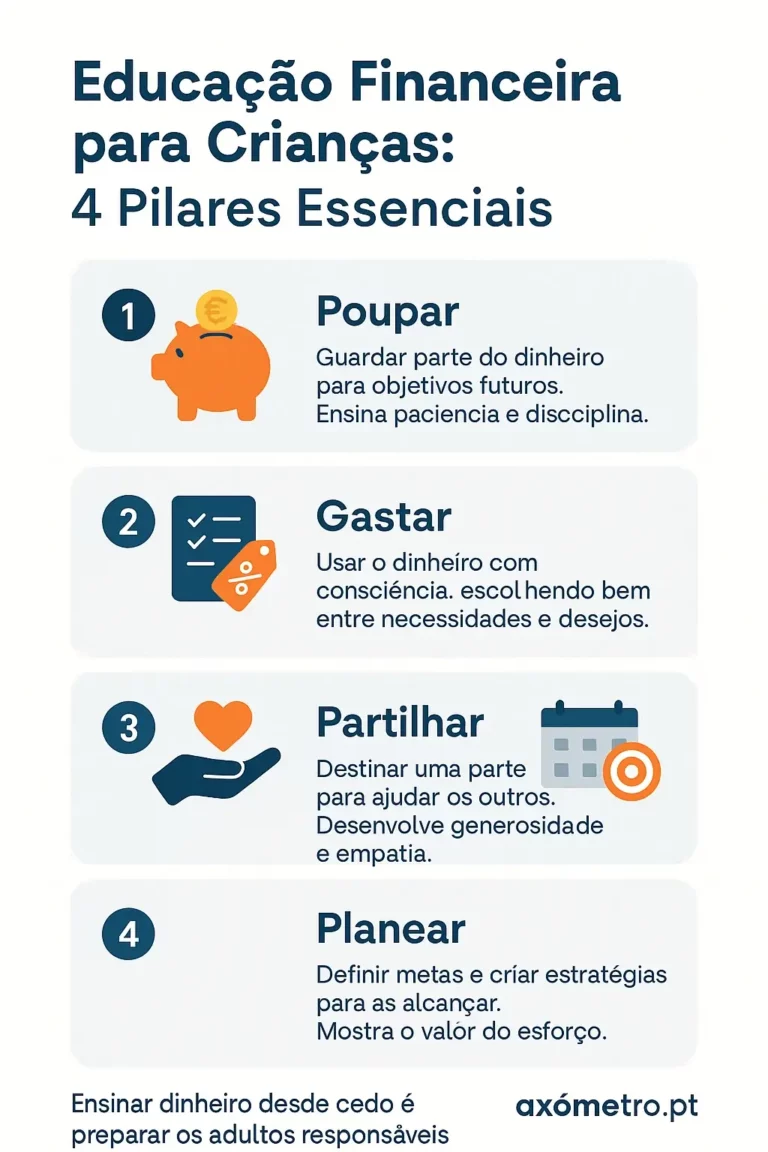 Infográfico “Educação Financeira para Crianças — 4 Pilares”: Poupar, Gastar, Partilhar e Planear, com ícones de mealheiro, lista, mão com coração e calendário/alvo.