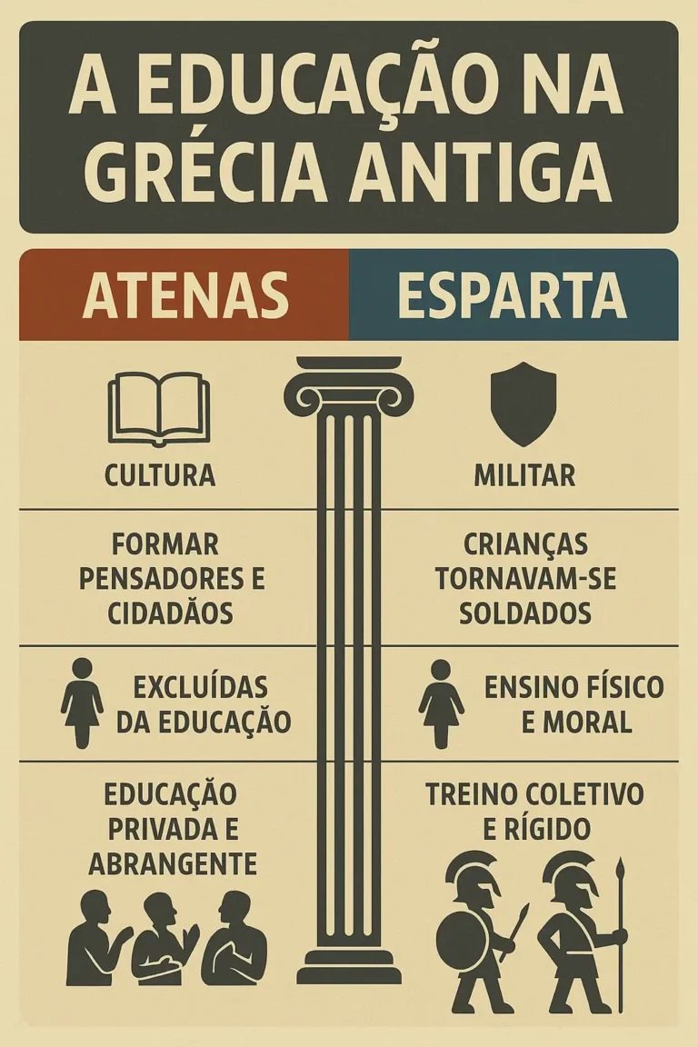 Infográfico visual comparando a educação em Atenas e Esparta, com ícones e textos ilustrando diferenças entre cultura e militarismo, educação feminina e métodos de ensino.