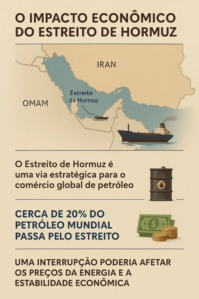 Infográfico vertical que mostra o impacto económico do Estreito de Hormuz, com mapa da região, navios petroleiros, estatísticas sobre transporte de petróleo e riscos de interrupção no comércio global.