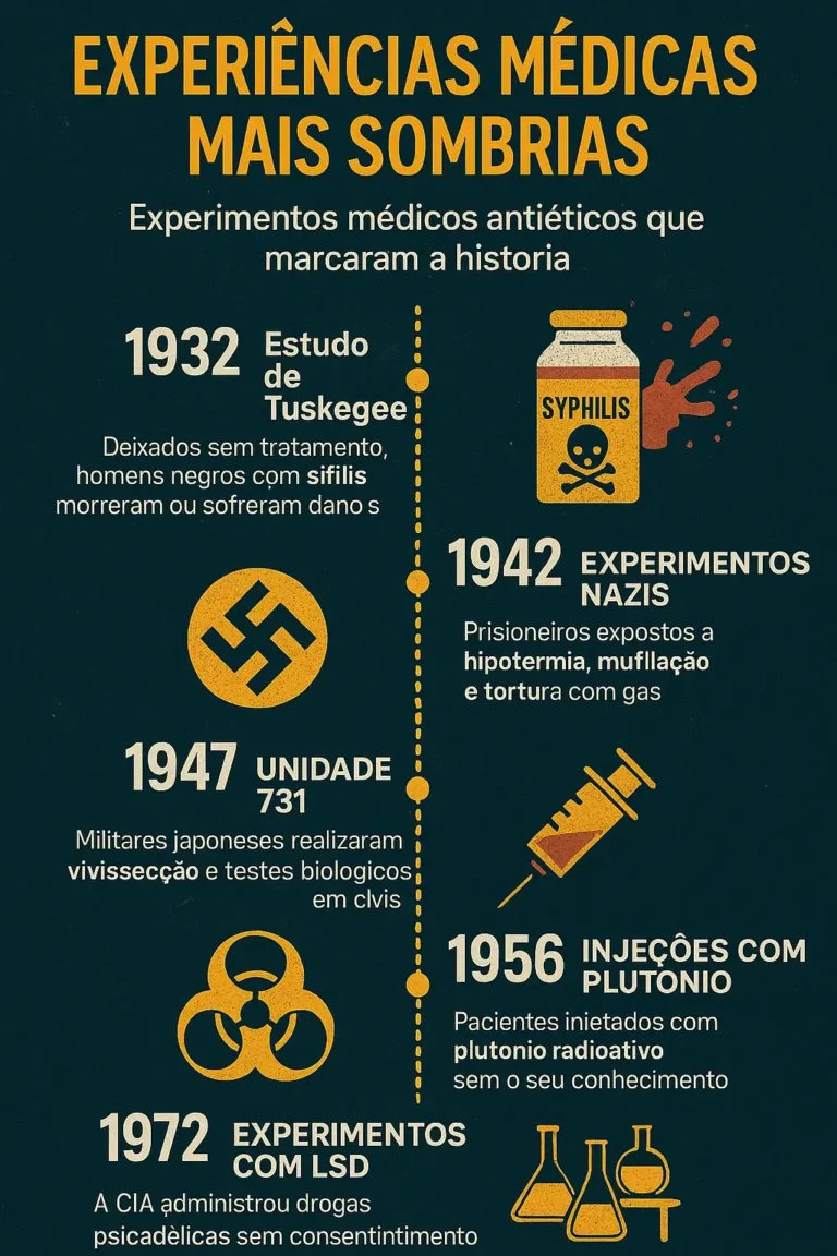 Infográfico vertical com fundo escuro que apresenta uma linha do tempo das experiências médicas mais perturbadoras do século XX, incluindo Tuskegee, Unidade 731, experimentos nazis e MK Ultra, com datas e ícones visuais de impacto.