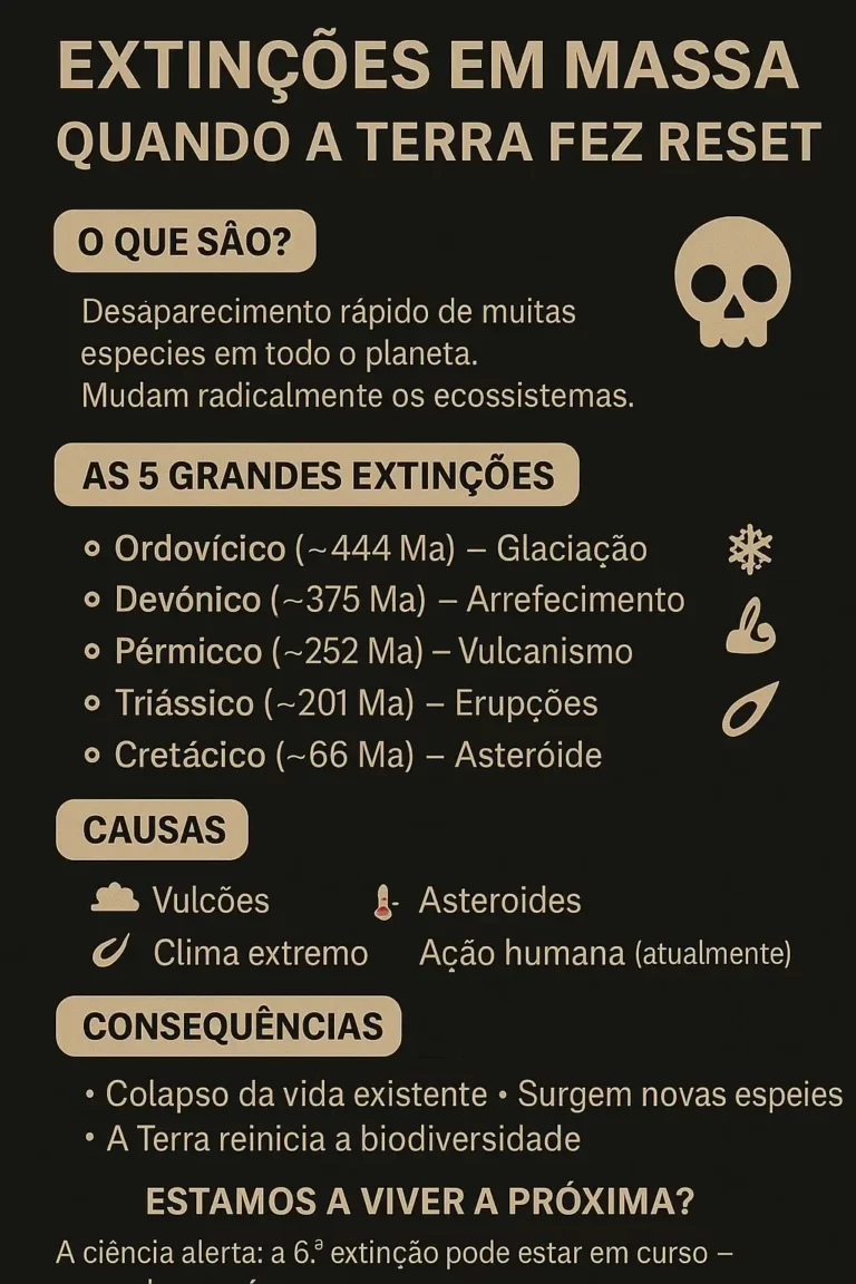 Infográfico vertical em português sobre as extinções em massa na Terra, destacando as cinco grandes extinções, as causas naturais e humanas, as consequências ecológicas e a hipótese da sexta extinção provocada pela ação humana.