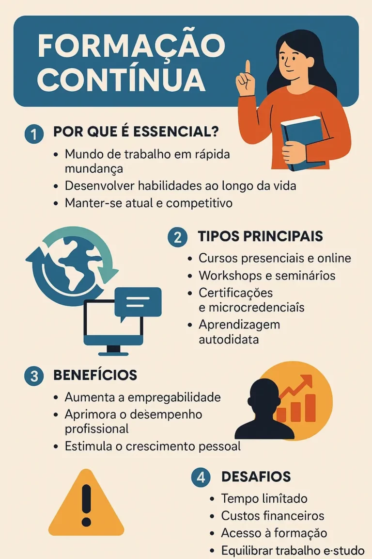 Infográfico colorido em estilo flat design sobre formação contínua, destacando a sua importância, tipos principais, benefícios e desafios.