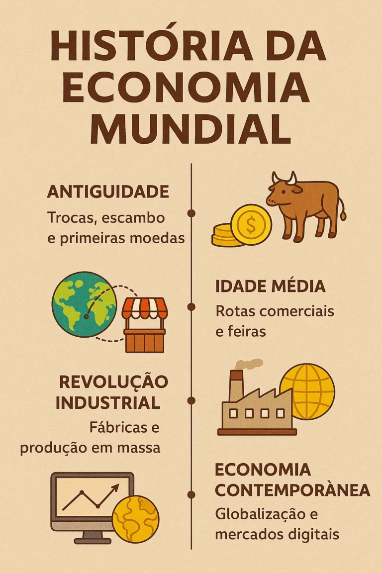 Infográfico vertical com ícones cronológicos sobre fundo bege texturizado, mostrando momentos-chave da história da economia mundial desde a Antiguidade até à globalização.