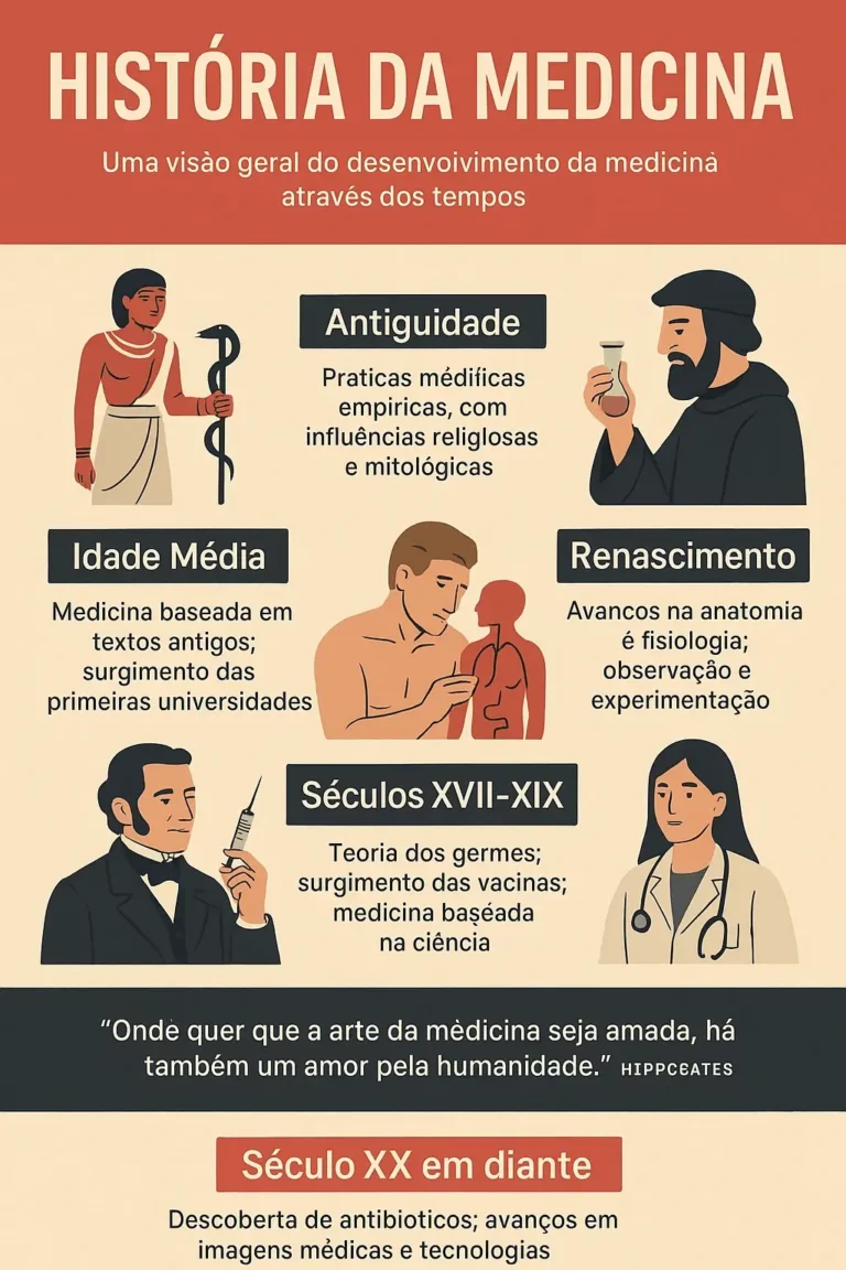 Infográfico ilustrado sobre a história da medicina, mostrando os principais períodos e avanços médicos desde a Antiguidade até ao século XXI, com ícones e figuras representando cada era.