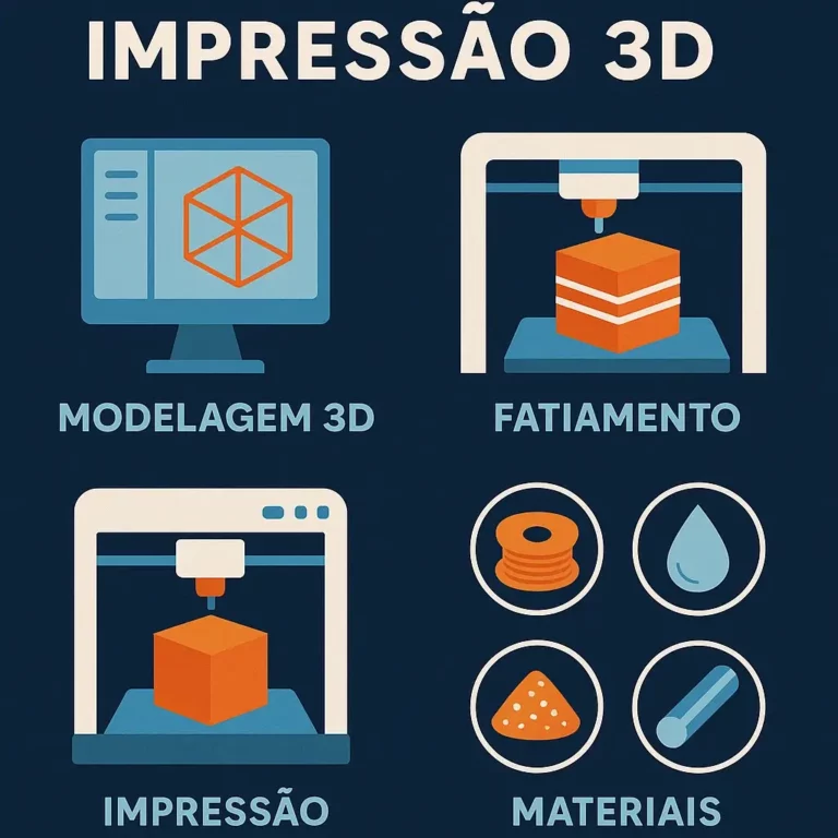 Infográfico explicativo sobre o processo de impressão 3D, com ícones representando modelagem 3D, fatiamento, impressão e os principais materiais utilizados.