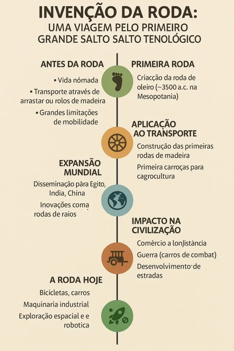 Infográfico sobre a invenção da roda, ilustrando a sua evolução desde os tempos pré-históricos até à tecnologia moderna, em formato de linha do tempo vertical.
